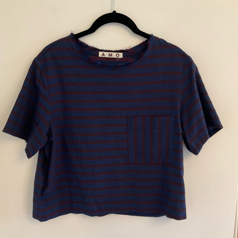 AMO Navy and Burgundy Striped Cropped Boxy Pocket Top Sz S